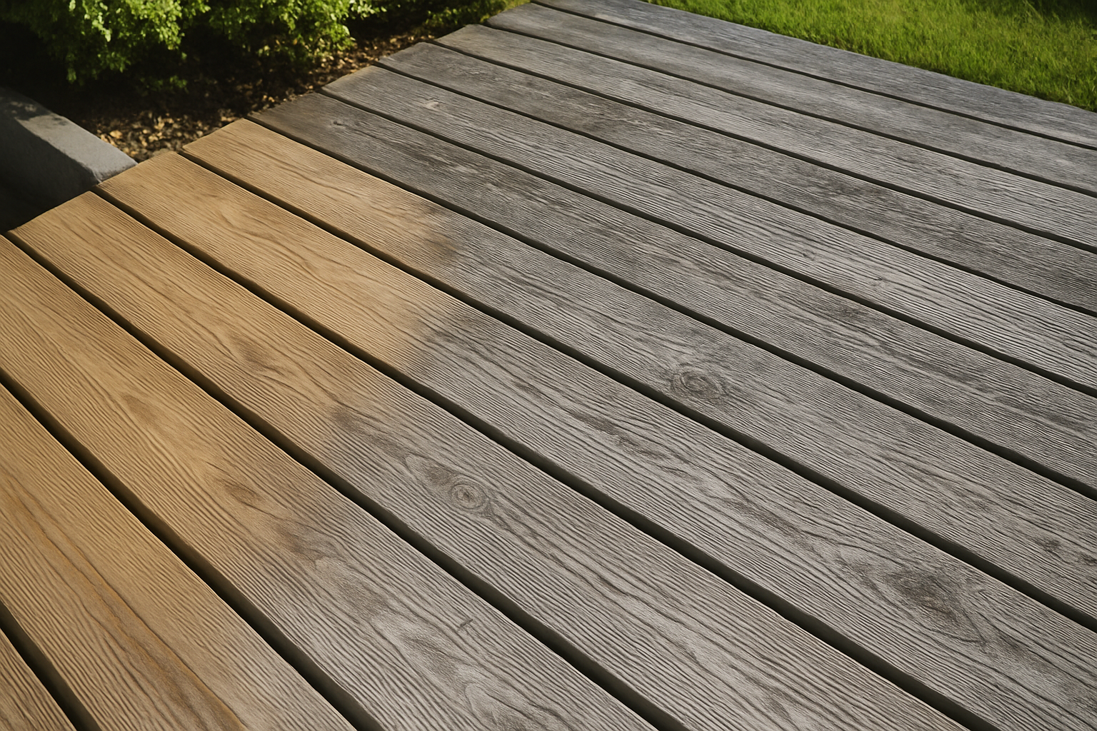 Terrasse en bois grisaille avec comparaison avant-après et solutions de traitement pour rénover durablement