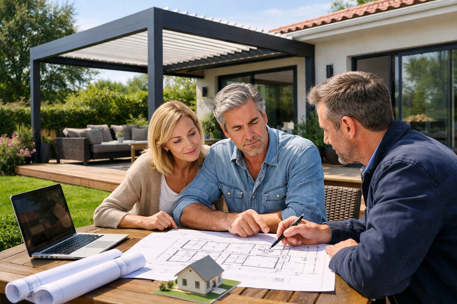 Pergola bioclimatique moderne avec lames orientables dans un jardin, réglementation permis de construire