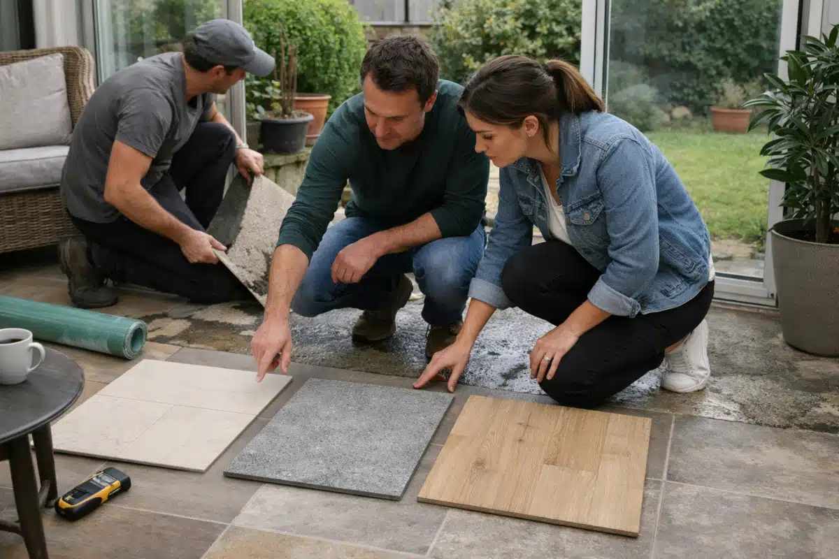 Trois personnes comparant des échantillons de carrelage