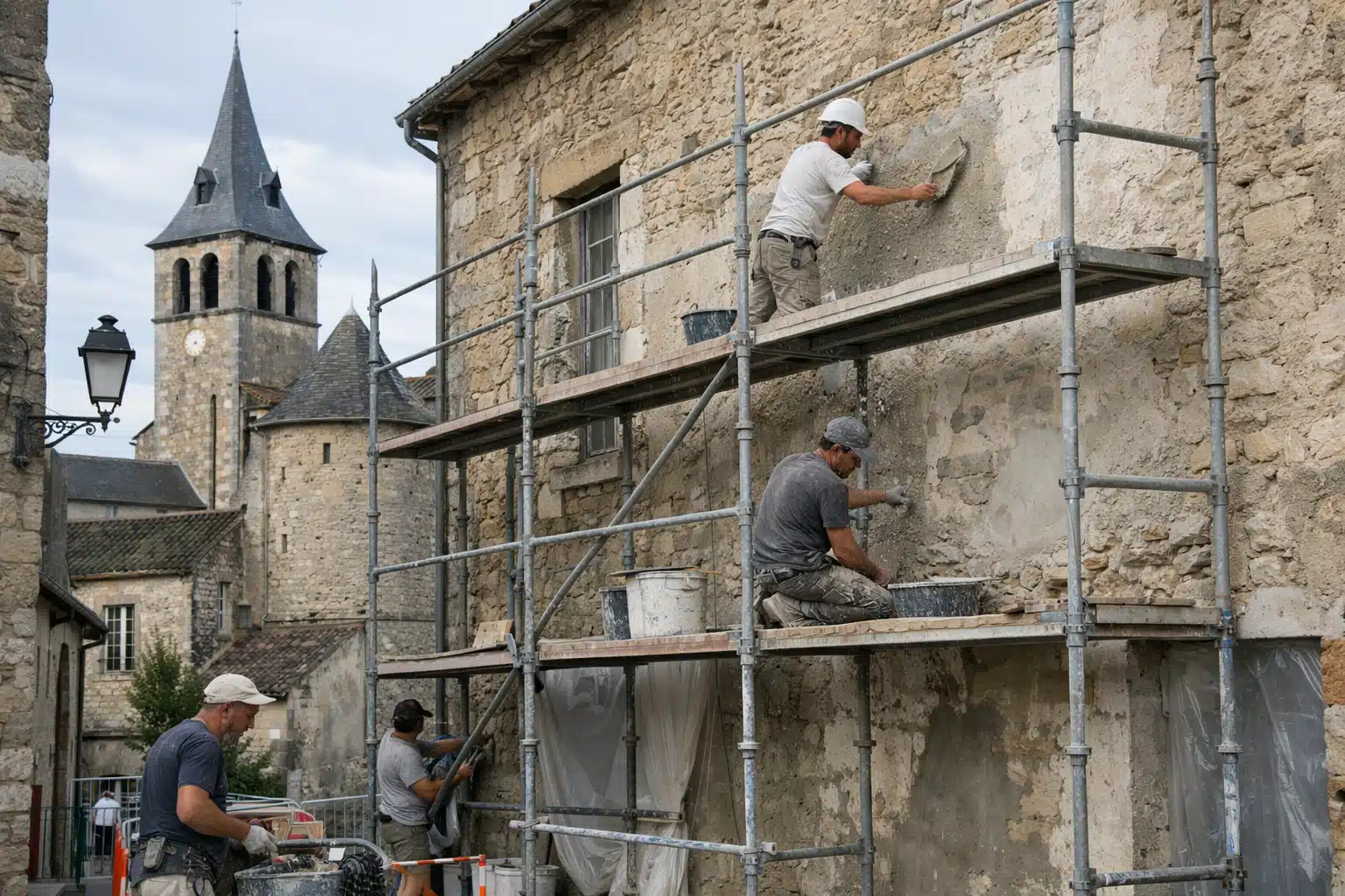 Ouvriers en échafaudage rénovant façade en pierre