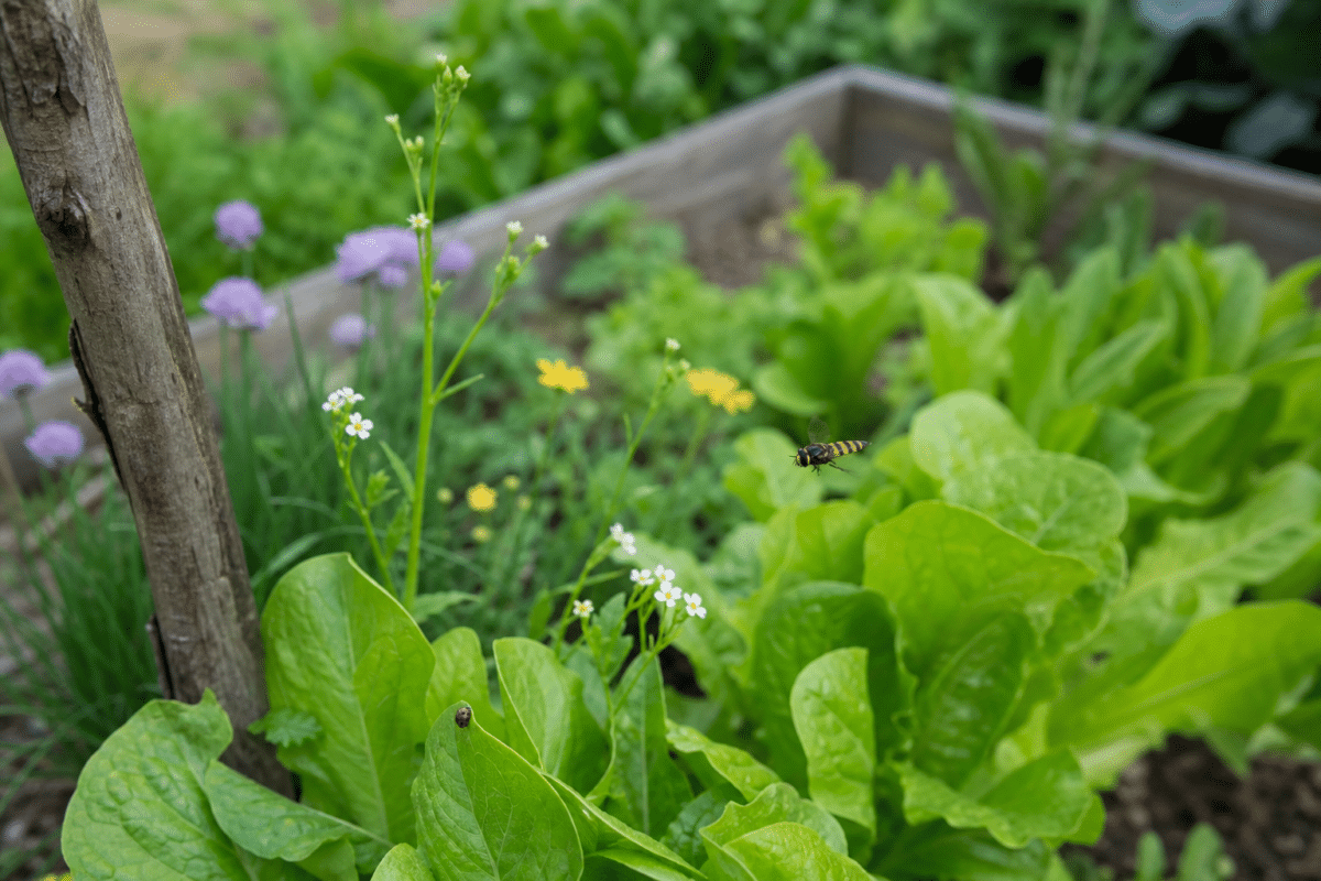 Laitues vertes dans carré potager, fleurs violettes et jaunes