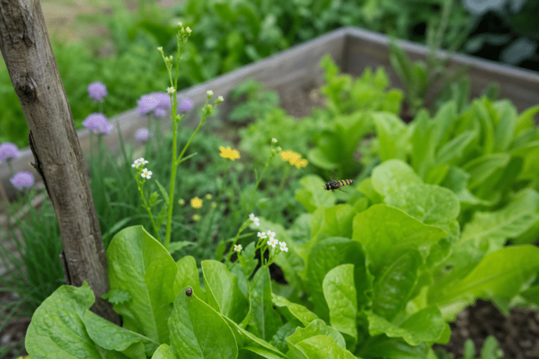 Laitues vertes dans carré potager, fleurs violettes et jaunes