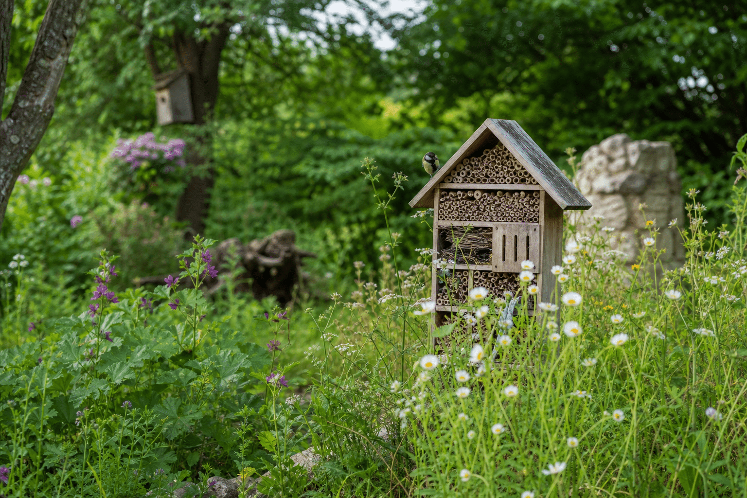Hôtel à insectes en bois dans jardin fleuri