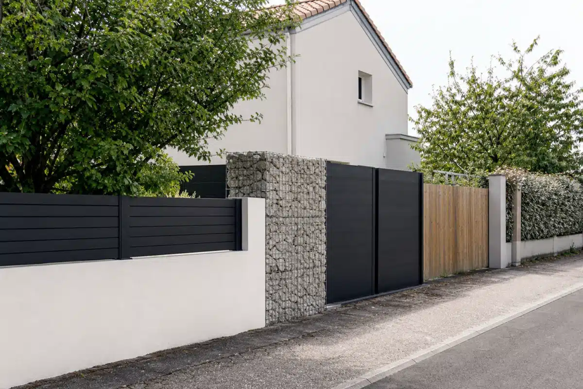 Portail noir moderne entre mur blanc et gabion