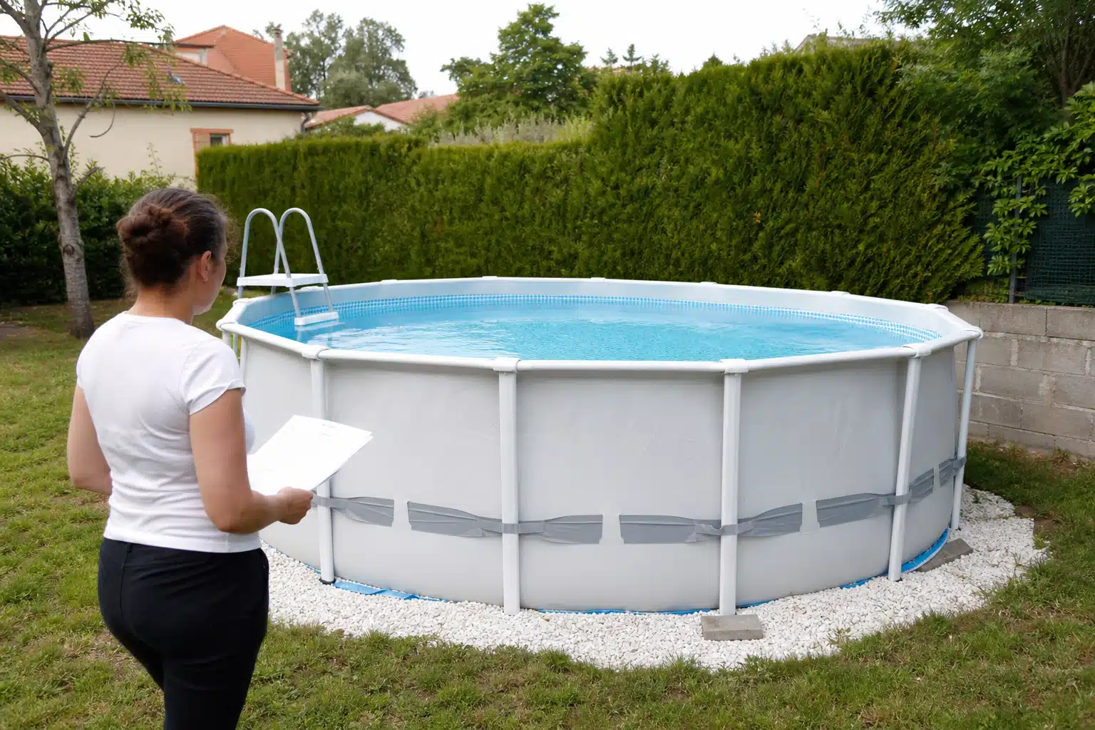 Femme tenant un carnet près d'une piscine hors-sol ronde